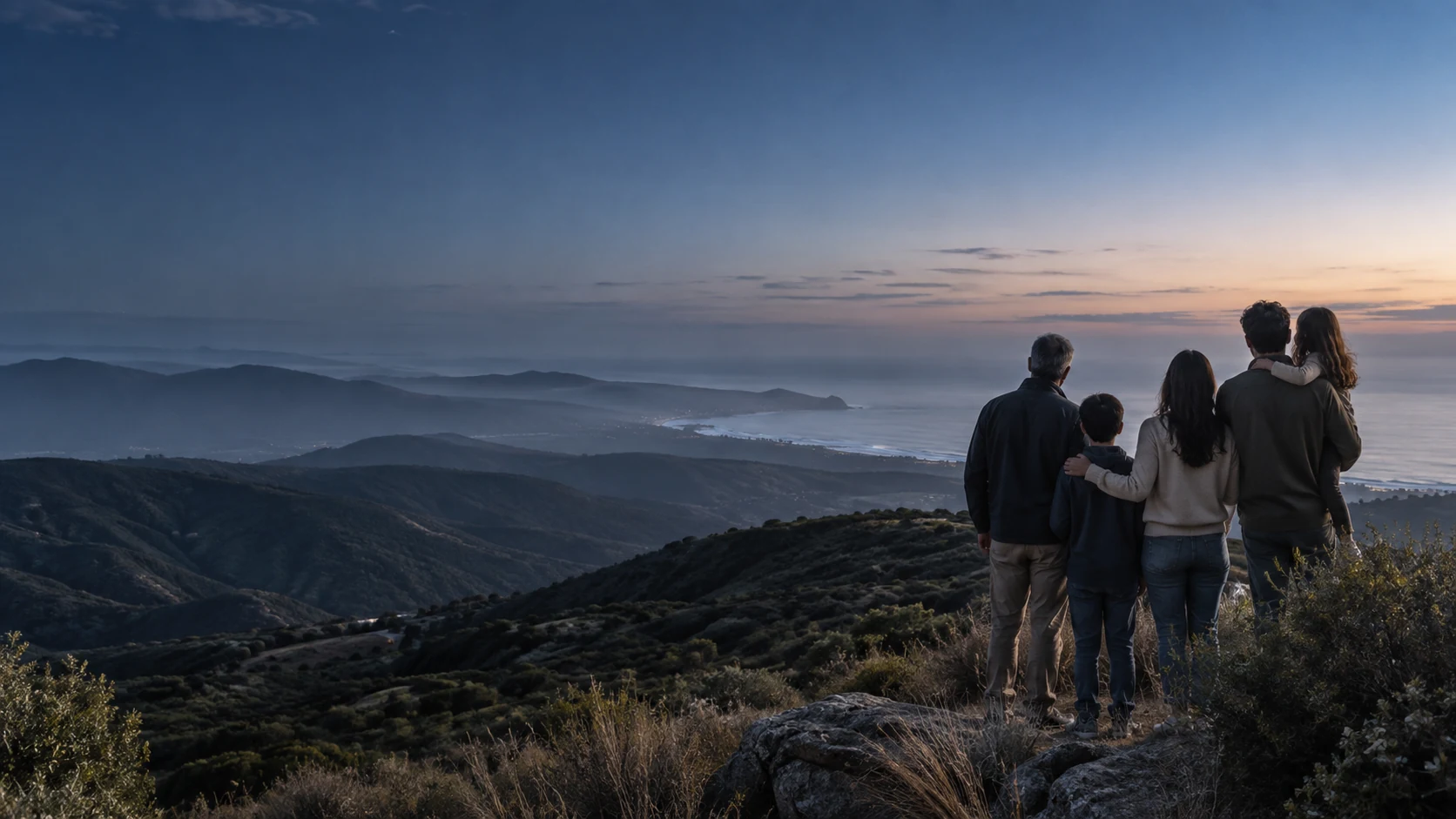 Family spending time together in sunlit hills